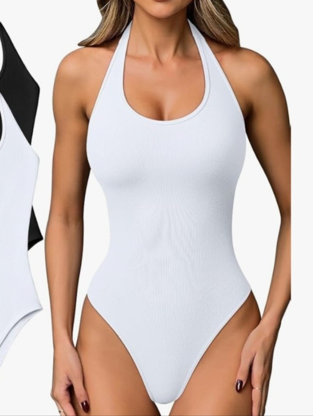 OQQ Ribbed Halter Bodysuit - White